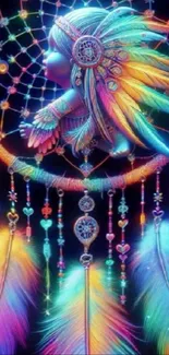 Colorful dreamcatcher art with feathers and native patterns in vibrant hues.