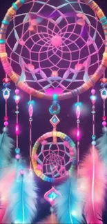 Colorful dreamcatcher with feathers on a vibrant purple background.