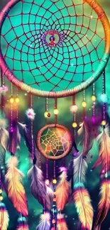 Vibrant dreamcatcher with colorful feathers on a teal background.