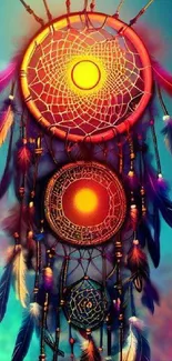 Vibrant dreamcatcher with colorful feathers and a mystical turquoise sky.