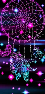 Neon dreamcatcher with vibrant colors and stars on a dark background.