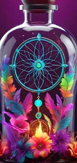 Dreamcatcher and vibrant feathers in a glass bottle wallpaper.