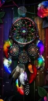 Vibrant dreamcatcher with colorful feathers and roses.