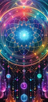 Colorful mandala dreamcatcher with vibrant feathers.