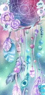 Vibrant dreamcatcher with colorful feathers and flowers on a purple background.