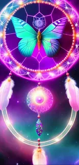 Colorful dreamcatcher with butterfly and galaxy background.