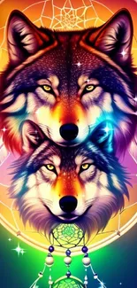 Vibrant dreamcatcher wolf art in vivid colors.