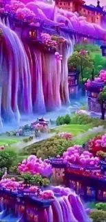 Dreamlike pink and purple waterfall landscape wallpaper.