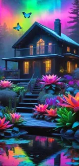 Colorful cabin under vibrant aurora with blooming lotus flowers.