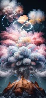 Colorful cloud explosion against dark sky, vibrant artistic wallpaper.