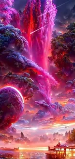 Fantasy wallpaper with vibrant magenta waterfall and cosmic elements.