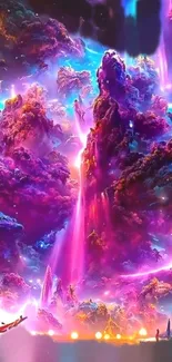 Vibrant fantasy wallpaper with purple clouds and mystical lighting.