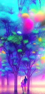 Vibrant dreamscape forest with colorful trees in a surreal, mystical setting.