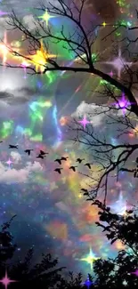 Colorful aurora night sky with silhouetted trees and birds.