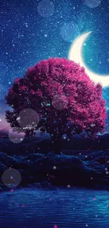 Pink tree with crescent moon in a starry night sky and blue water reflection.