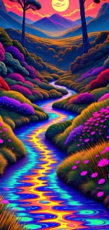 A vibrant dreamscape with a colorful stream and lush flora under a sunset sky.