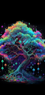 Vibrant neon tree with colorful canopy and hanging shapes.