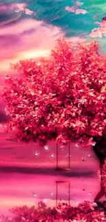 Dreamscape pink tree with vibrant sky.