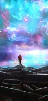 A vibrant dreamscape with a cosmic sky and lone figure, perfect for mobile wallpaper.