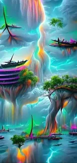 Vibrant fantasy wallpaper with floating islands and colorful hues.