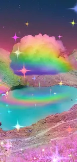 Vibrant rainbow cloud over serene lake, magical night scenery.