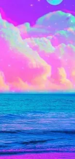 Vibrant wallpaper with pink clouds, ocean, and moon.