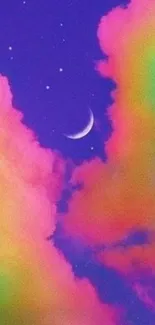 Vibrant rainbow clouds with crescent moon on purple sky.