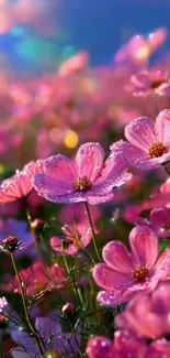 Vibrant pink flowers in a dreamy field.