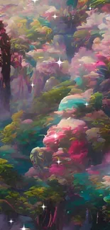 Dreamy forest with vibrant colors and misty atmosphere.