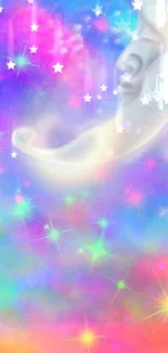 Colorful dreamy moon and stars wallpaper in vibrant pastels.