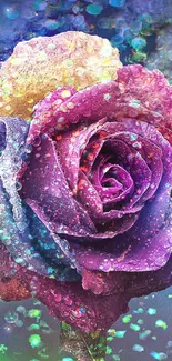 Vibrant multicolored rose with dewdrops in a dreamy background.