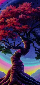 Vibrant wallpaper featuring a tree against a colorful, fantasy night sky.