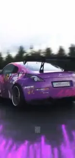 Purple drift car speeding on a racetrack.