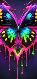 Vibrant butterfly with neon, dripping colors on a dark background.