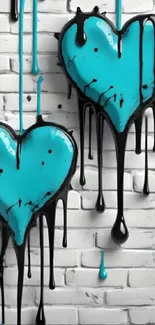 Blue hearts dripping on a white brick wall background art design.