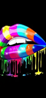 Vibrant wallpaper with colorful dripping lips on a black background.