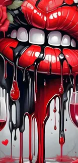 Artistic wallpaper with dripping red lips and roses.