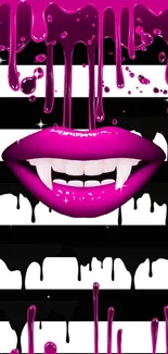 Vibrant pink dripping lips over black stripes.