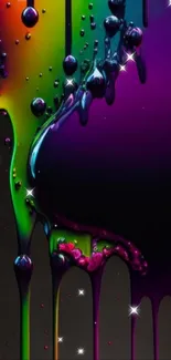 Vibrant dripping paint in rainbow colors on dark background.