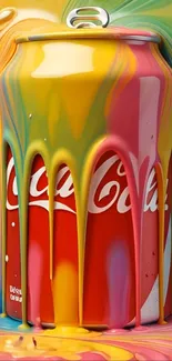 A soda can with vibrant paint dripping over it.