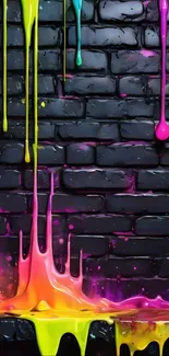 Vibrant neon paint drips on a dark brick wall background wallpaper.