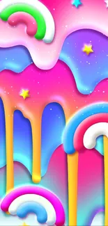 Vibrant dripping rainbow wallpaper with colorful arches and stars.