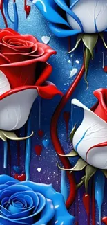 Vibrant roses wallpaper with dripping art effect in blue, red, and white colors.