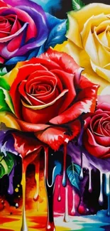 Colorful roses dripping with vibrant paint art.