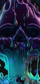 Vibrant neon skull with dripping effects, futuristic art design.