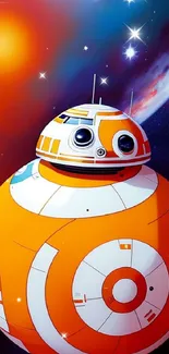 Orange and white droid in a colorful space scene.