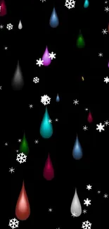 Colorful raindrops with snowflakes on a black background.