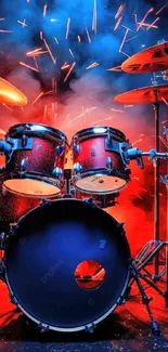 Vibrant drum set with colorful lighting effects.