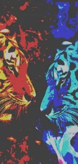 Colorful red and blue tiger art wallpaper, vibrant and dynamic.