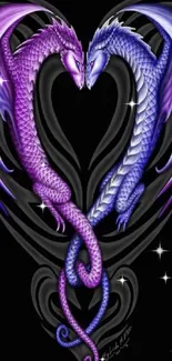 Dragon art with purple and blue dragons forming a heart on a dark background.